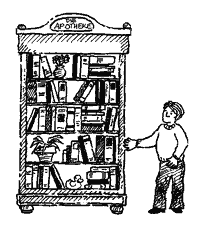 Junge vor einem Bücherschrank: Eine Illustration aus dem Buch Der Grashalm in der Wüste; von Stefan Hammel, Otterberg (Pfalz)